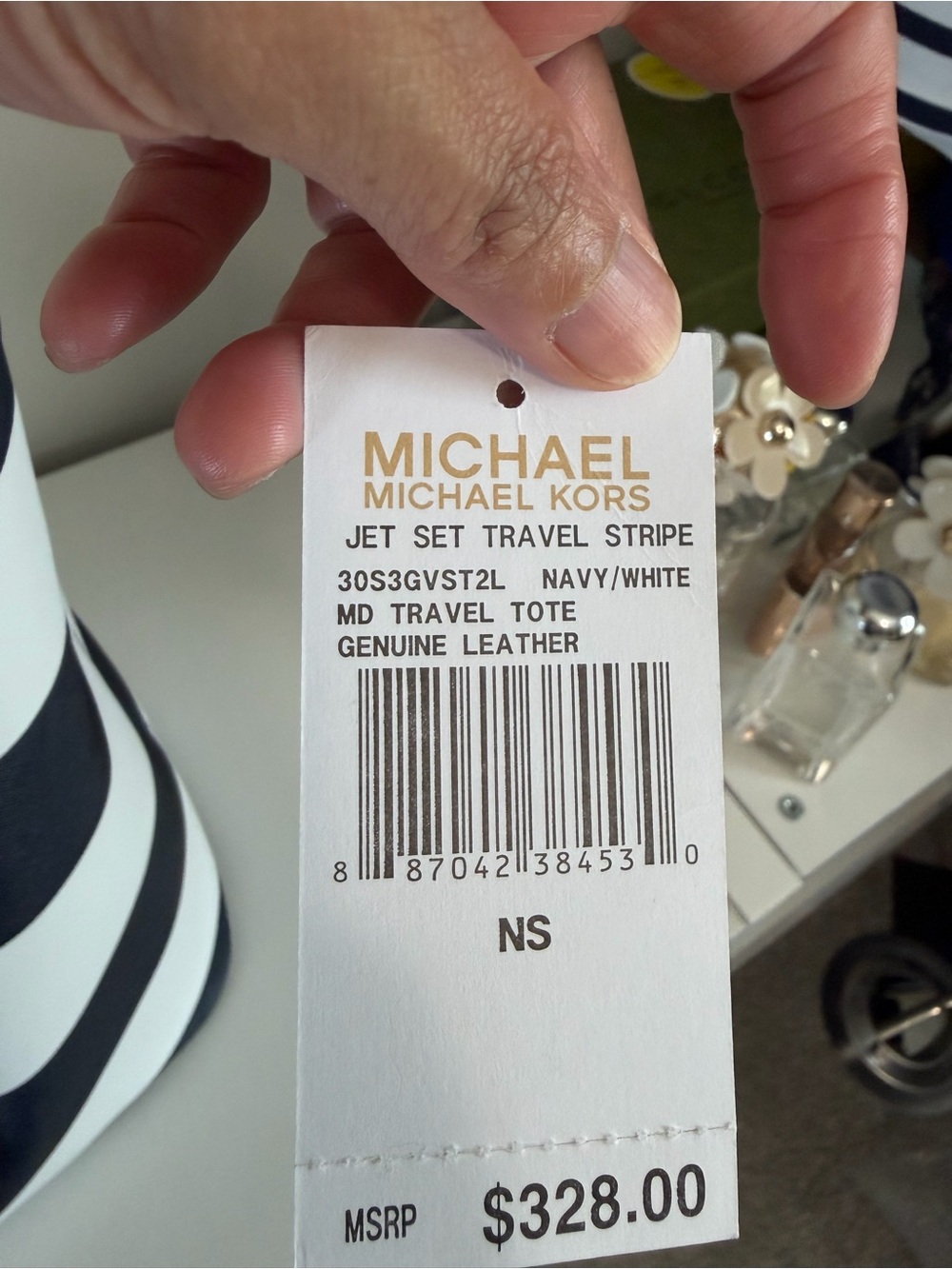 Michael Kors Jet Set Travel Navy & White Striped Tote with Brown Leather Straps - Picture 9 of 9